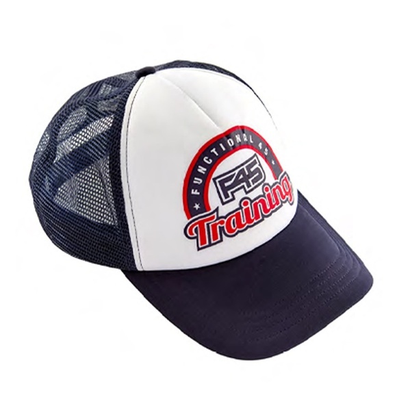 F45 White & Blue Trucker Snap Back Hat Mesh Detail Adjustable Strap One Side New - Picture 1 of 6